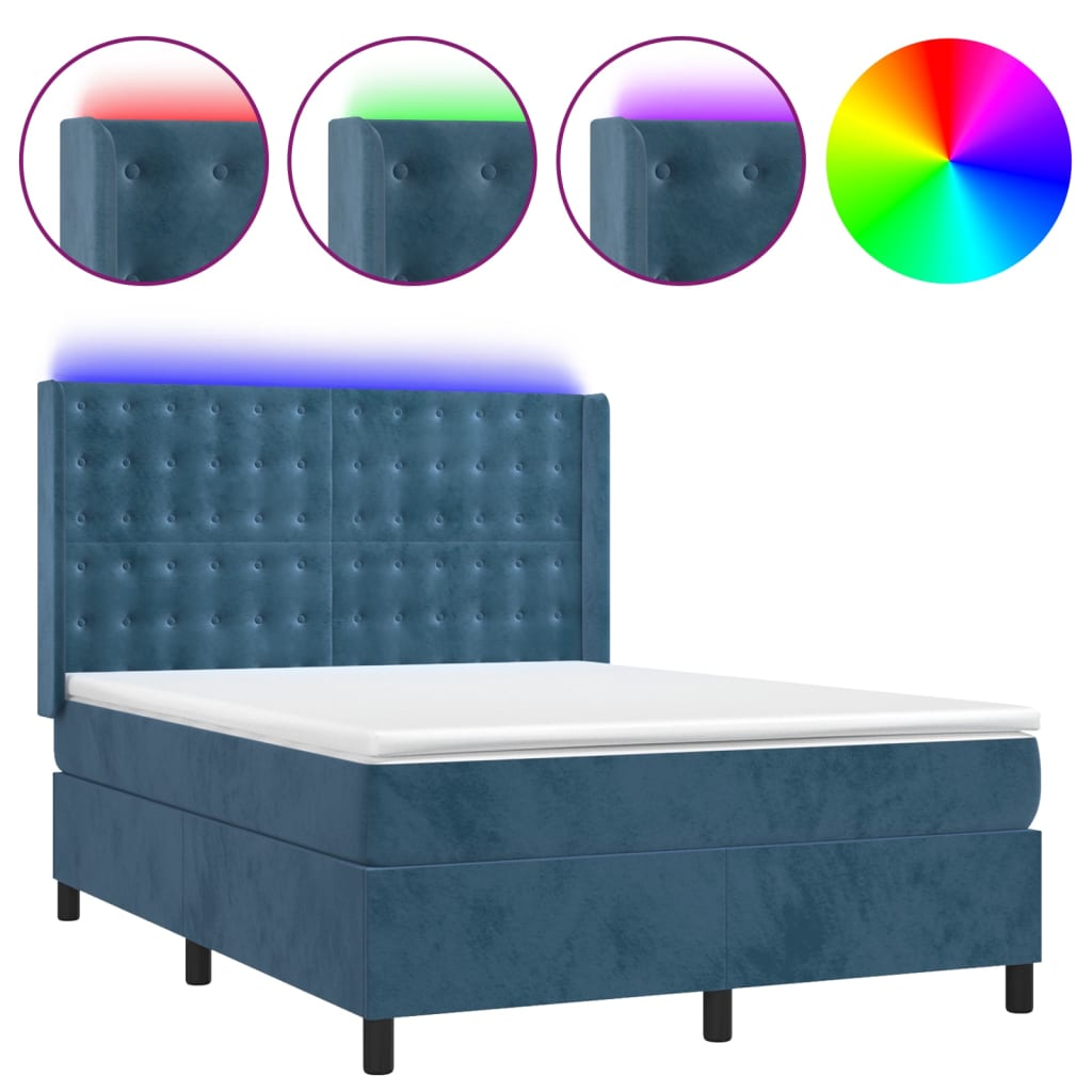 vidaXL Box spring postel s matrací a LED tmavě modrá 140x190 cm samet