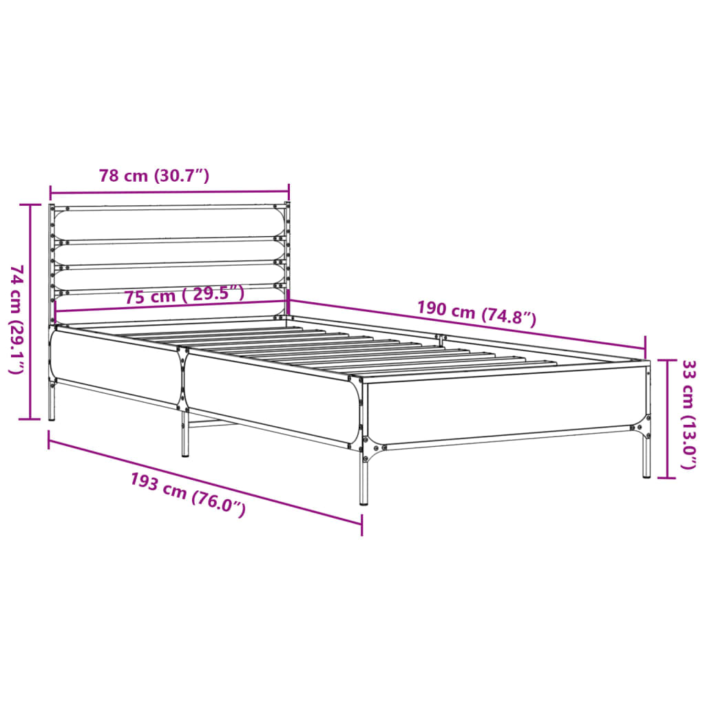 vidaXL Rám postele hnědý dub 75 x 190 cm kompozitní dřevo a kov