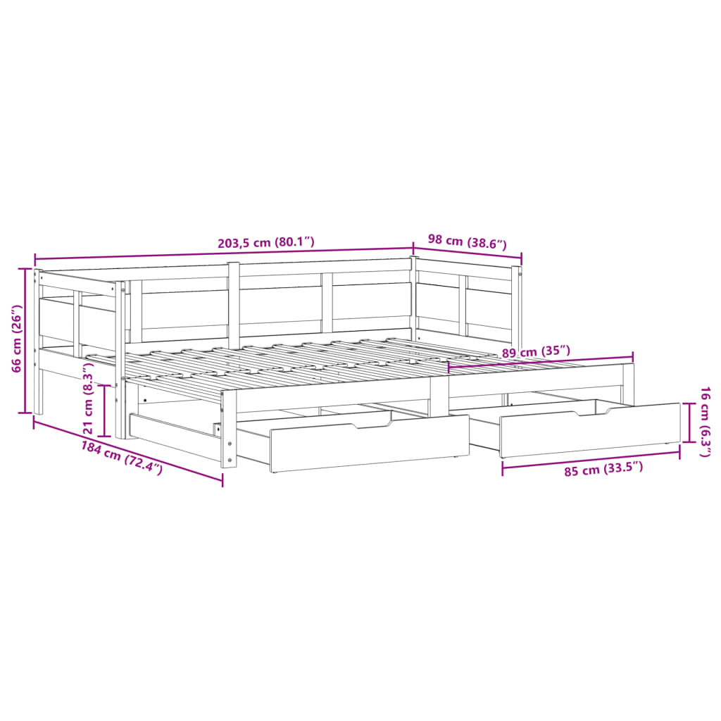 vidaXL Válenda s přistýlkou a zásuvkami bez matrace bílá 90x200 cm