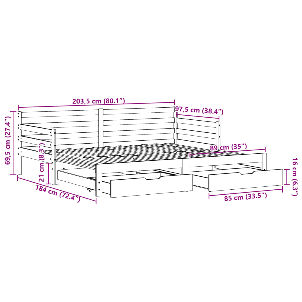 vidaXL Válenda s přistýlkou a zásuvkami bez matrace bílá 90x200 cm