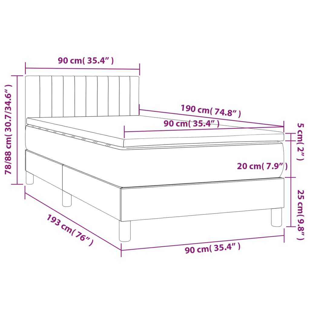 vidaXL Box spring postel s matrací a LED tmavě hnědá 90x190 cm textil