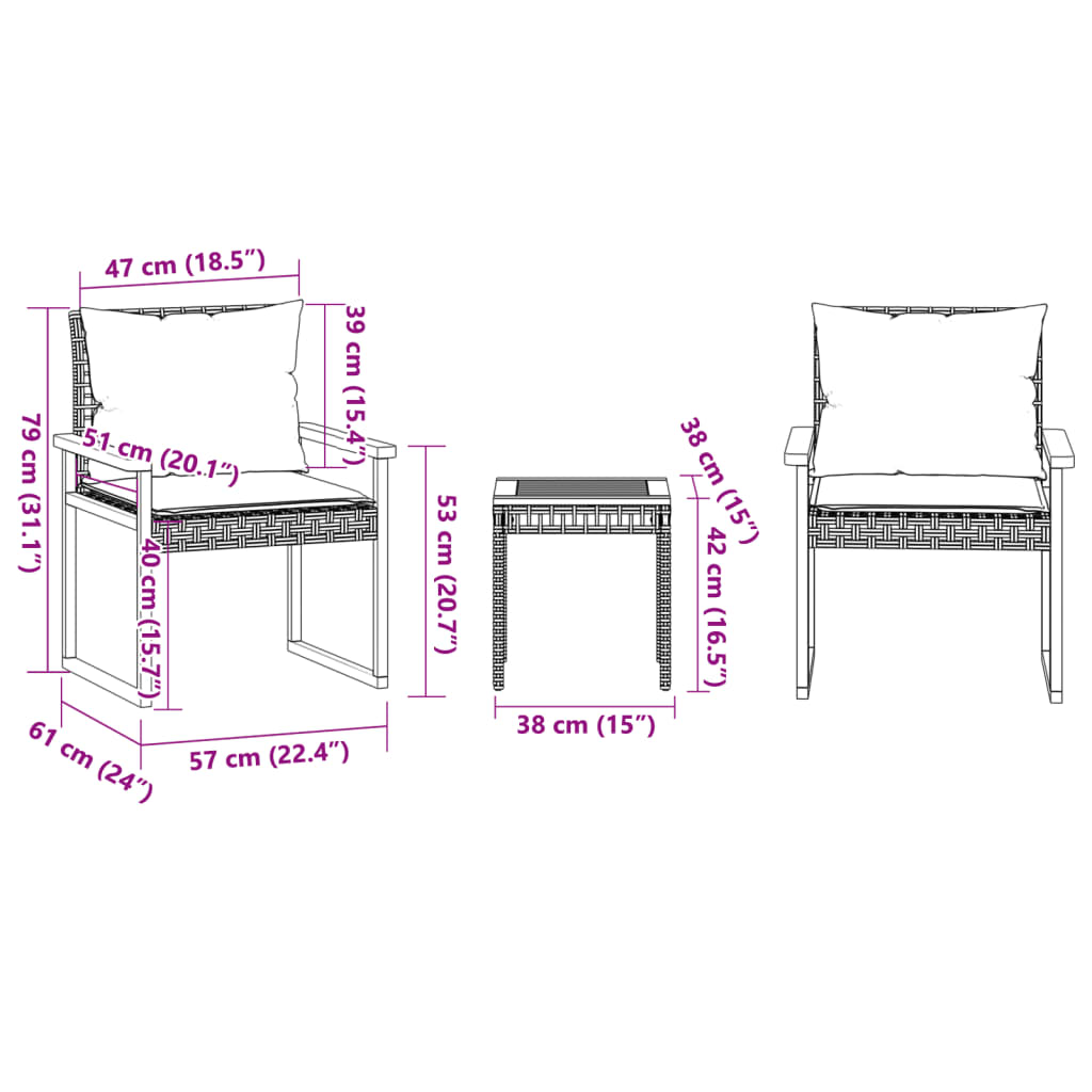 vidaXL 3dílný bistro set s poduškami mix béžové polyratan akácie