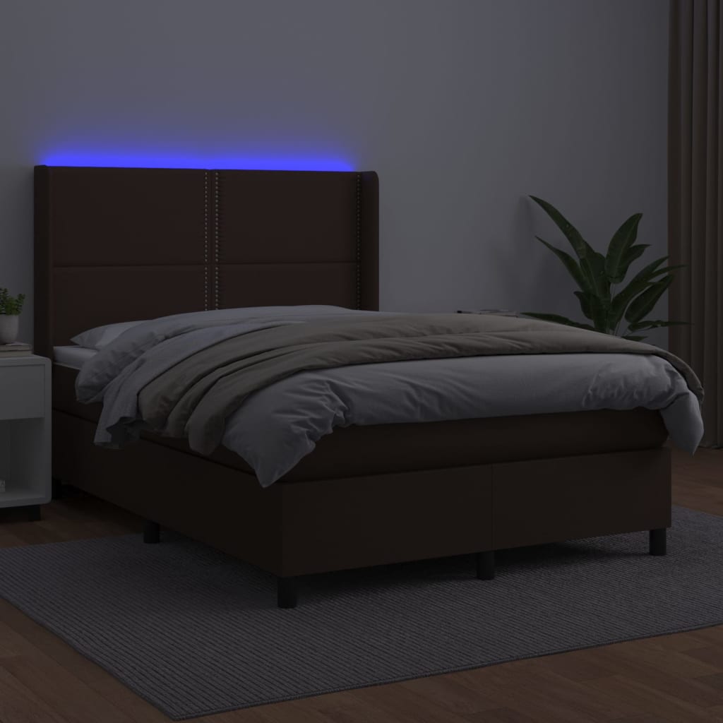 vidaXL Box spring postel s matrací a LED hnědá 140x200 cm umělá kůže