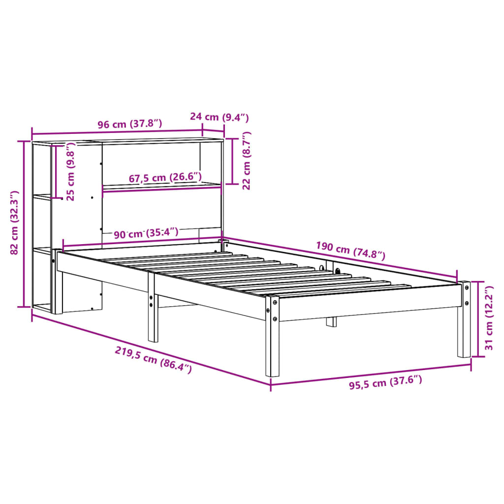 vidaXL Postel s knihovnou bez matrace 90 x 190 cm masivní borovice