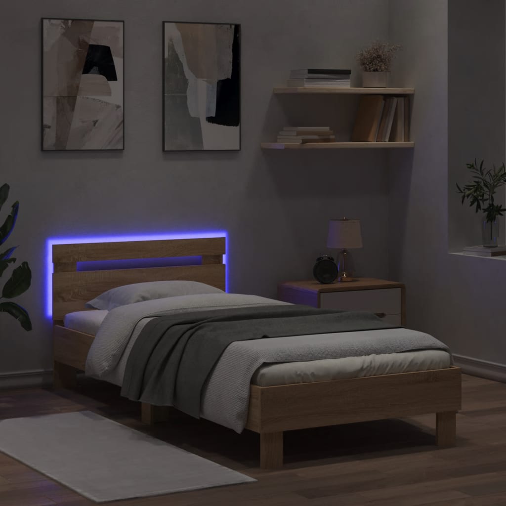 vidaXL Rám postele s čelem a LED osvětlením dub sonoma 75 x 190 cm