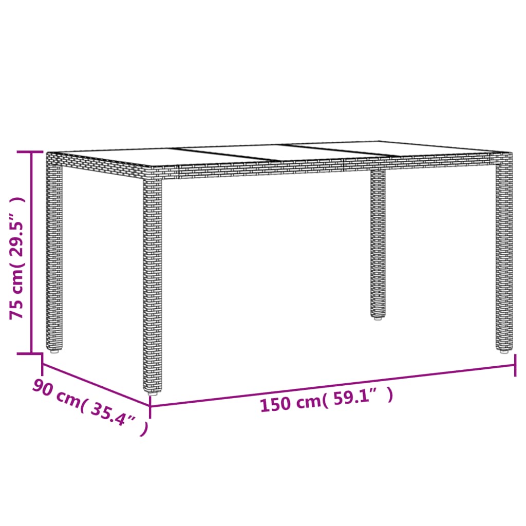 vidaXL Zahradní stůl se skleněnou deskou šedý 150x90x75 cm polyratan