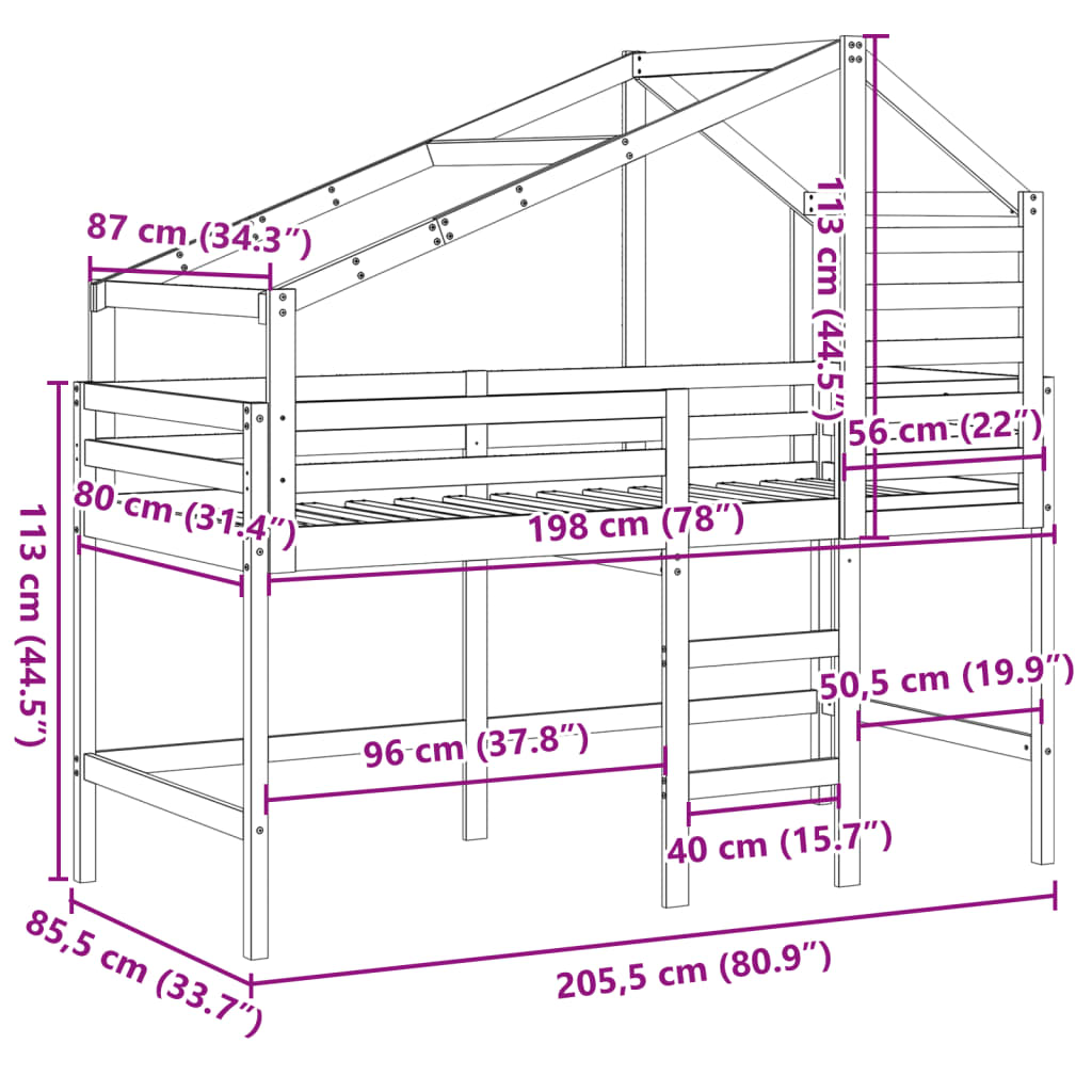 vidaXL Patrová postel s žebříkem a střechou 80 x 200 cm borovice