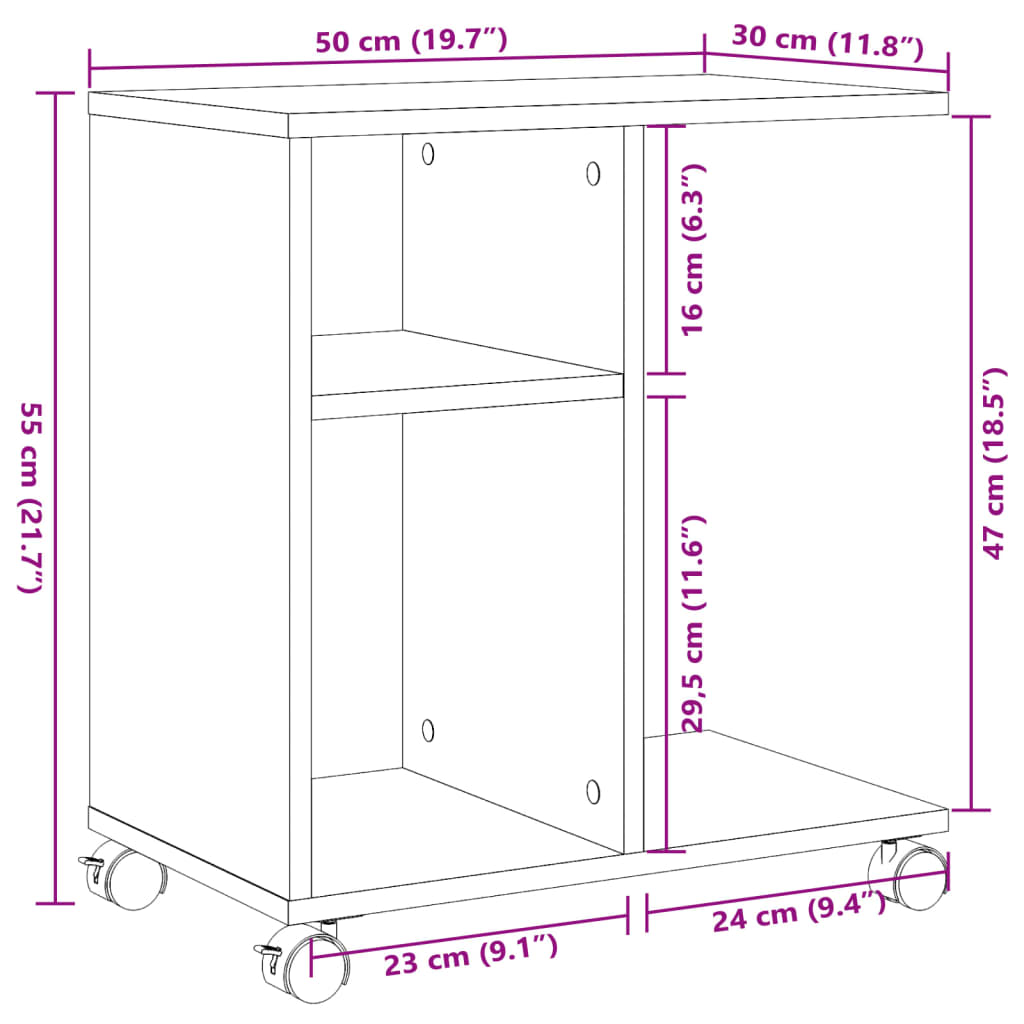 vidaXL Odkládací stolek na kolečkách šedý 50 x 30 x 55 cm dřevotříska