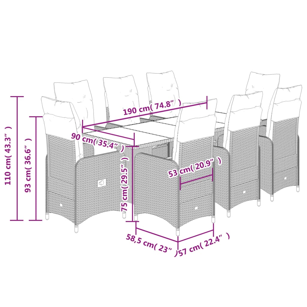 vidaXL 9dílný zahradní bistro set s poduškami černý polyratan