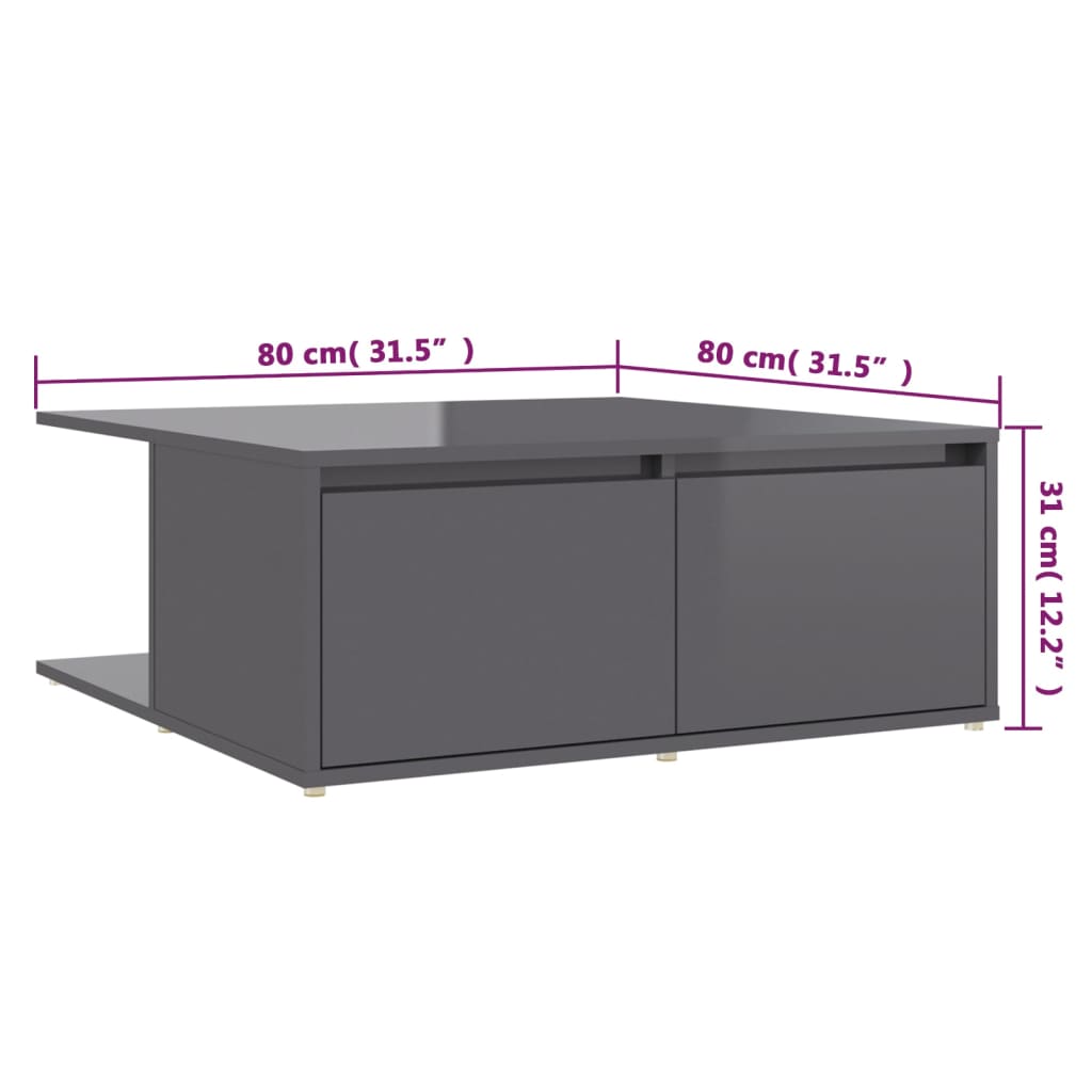 vidaXL Konferenční stolek šedý lesklý 80 x 80 x 31 cm kompozitní dřevo