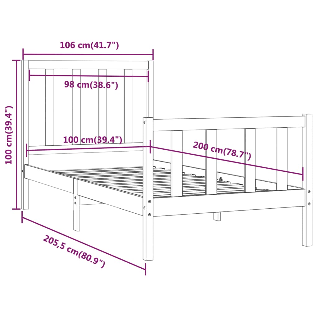 vidaXL Rám postele bílý masivní dřevo 100 x 200 cm