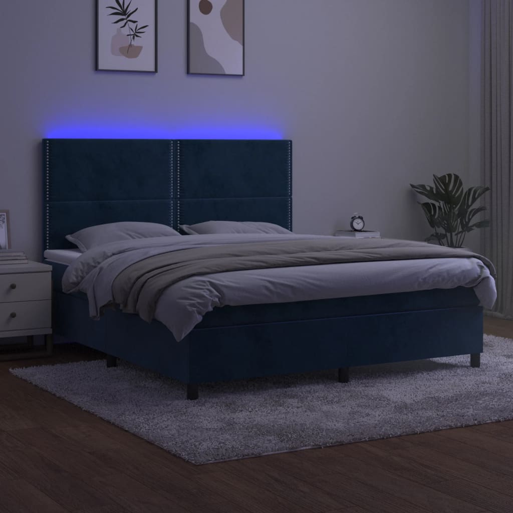 vidaXL Box spring postel s matrací a LED tmavě modrá 160x200 cm samet