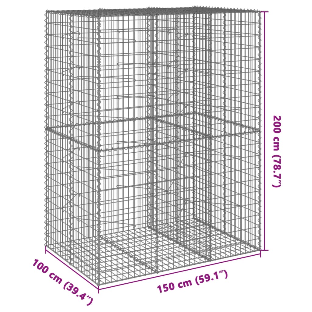 vidaXL Gabionový koš s víkem 150 x 100 x 200 cm pozinkované železo