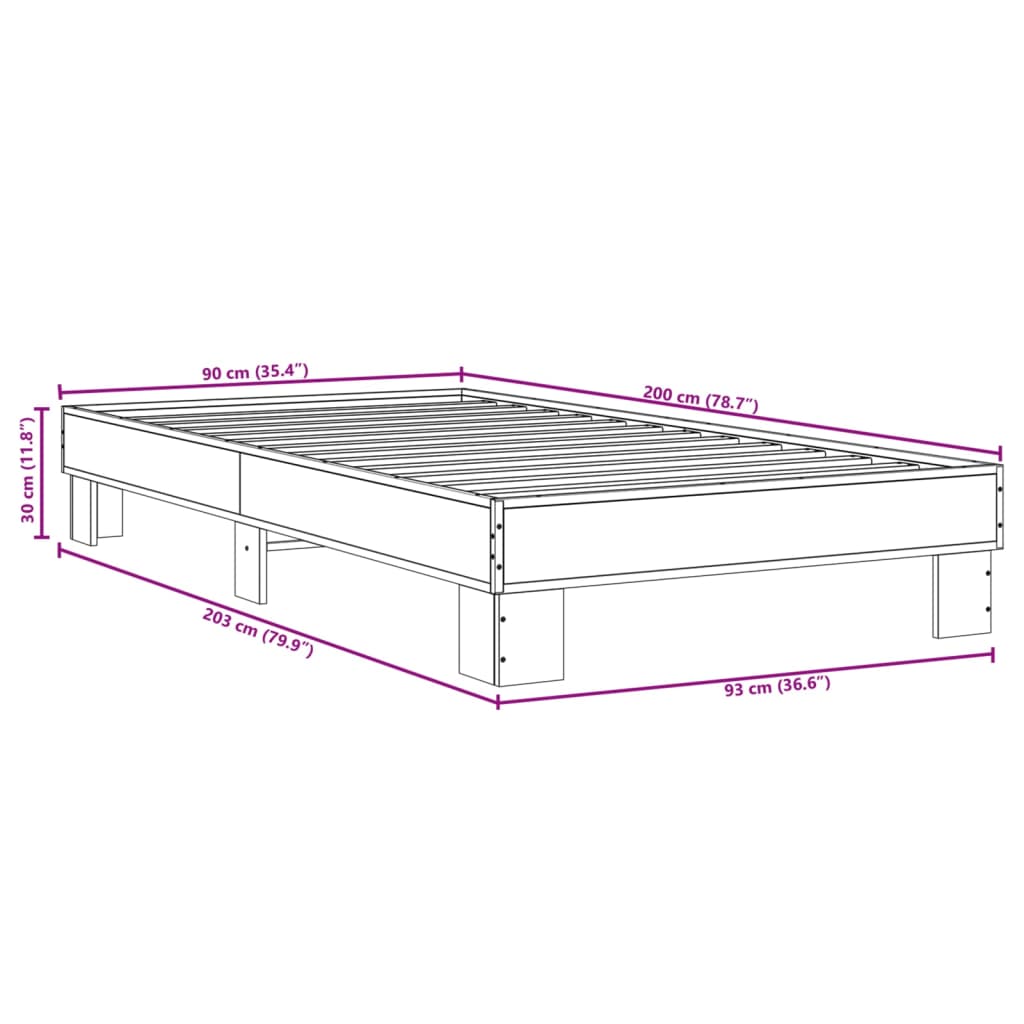 vidaXL Rám postele kouřový dub 90 x 200 cm kompozitní dřevo a kov