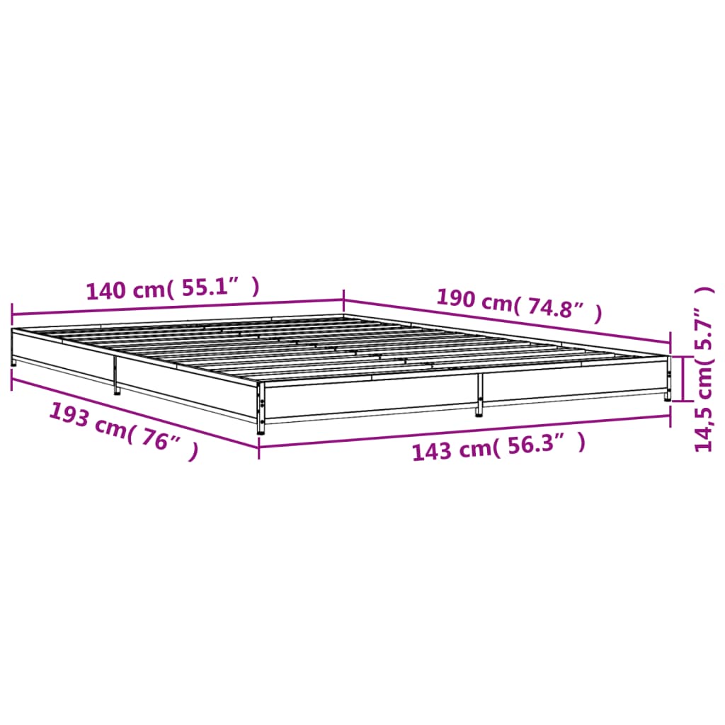 vidaXL Rám postele dub sonoma 140 x 190 cm kompozitní dřevo a kov