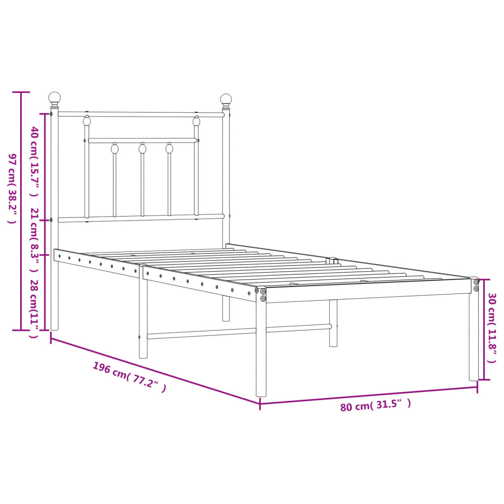 vidaXL Kovový rám postele bez matrace s čelem bílý 75 x 190 cm