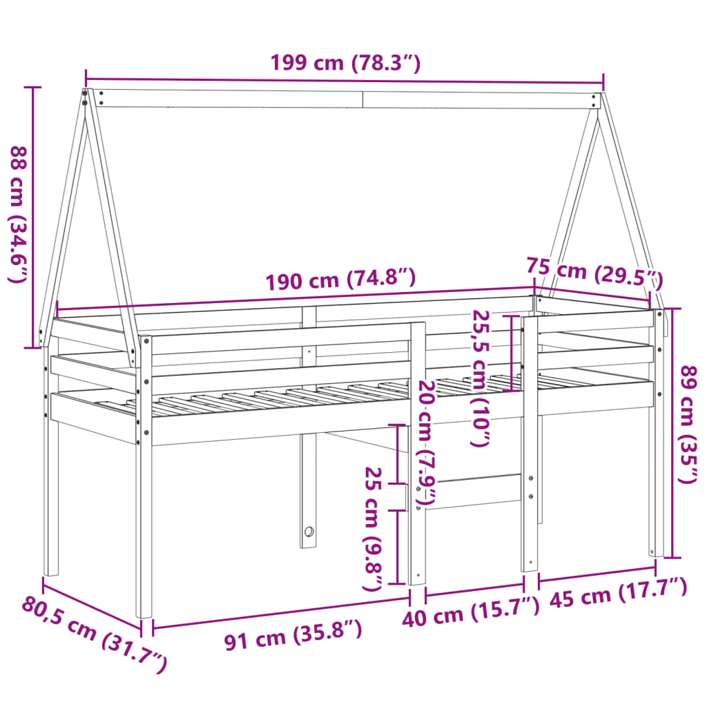 vidaXL Patrová postel se střechou 75 x 190 cm masivní borové dřevo