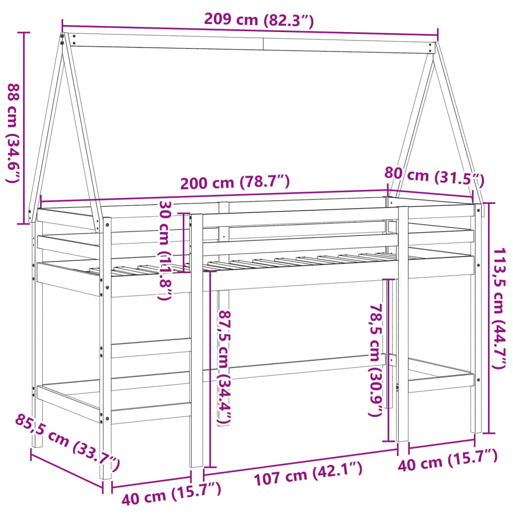 vidaXL Patrová postel s žebříkem a střechou 80 x 200 cm borovice