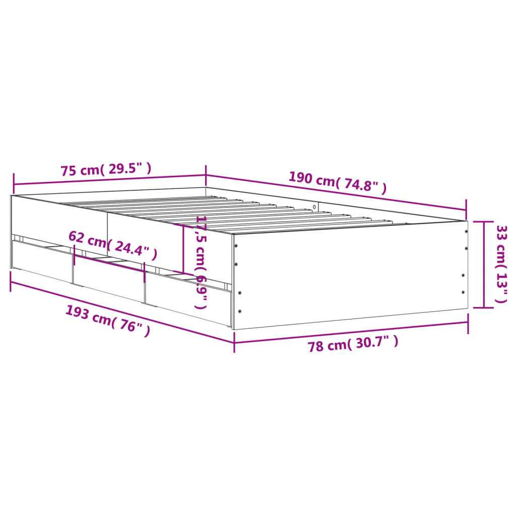 vidaXL Rám postele se zásuvkami bílý 75 x 190 cm kompozitní dřevo