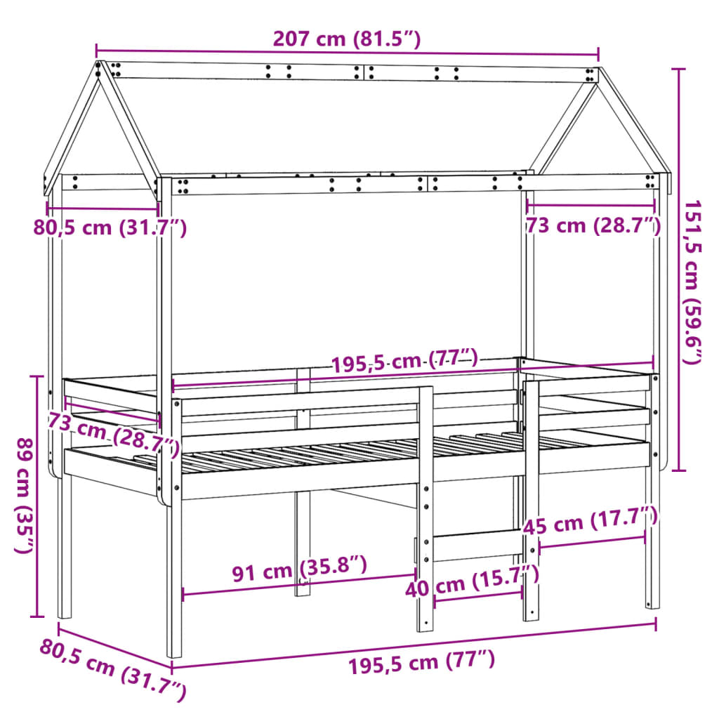 vidaXL Patrová postel se střechou 75 x 190 cm masivní borové dřevo