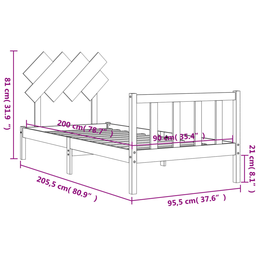 vidaXL Rám postele s čelem černý 90 x 200 cm masivní dřevo