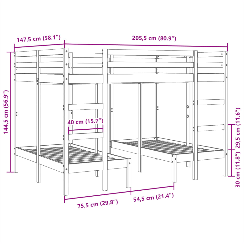 vidaXL Rám trojité patrové postele bílý 140x200/70x140 cm borovice