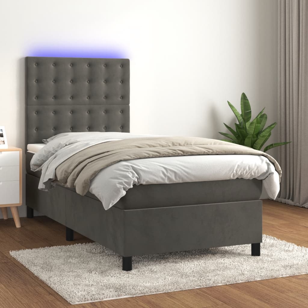 vidaXL Box spring postel s matrací a LED tmavě šedá 100x200 cm samet