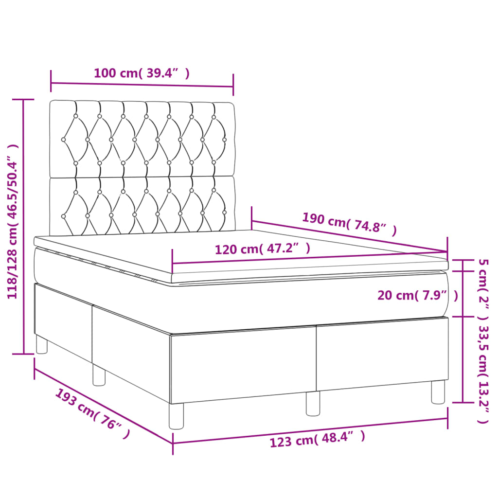 vidaXL Box spring postel s matrací a LED růžová 120 x 190 cm samet