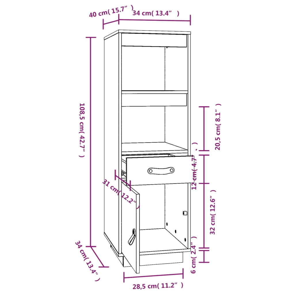 vidaXL Skříň highboard 34 x 40 x 108,5 cm masivní borové dřevo