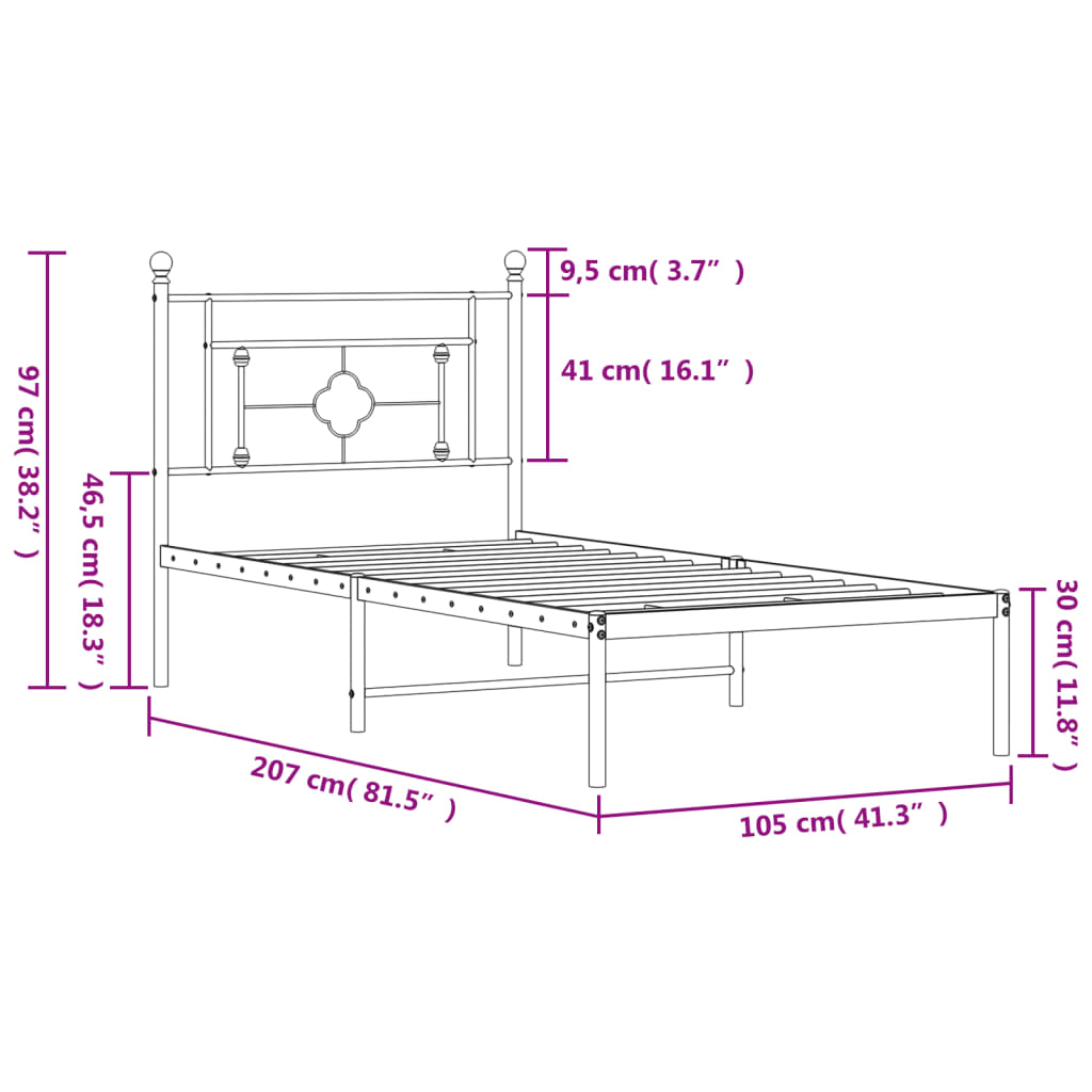 vidaXL Kovový rám postele s čelem černý 100 x 200 cm