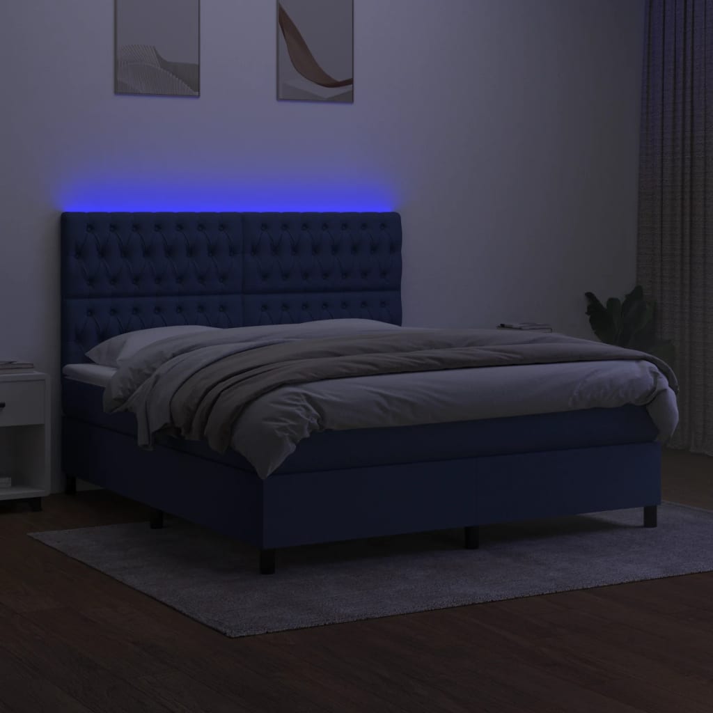 vidaXL Box spring postel s matrací a LED modrá 180x200 cm textil