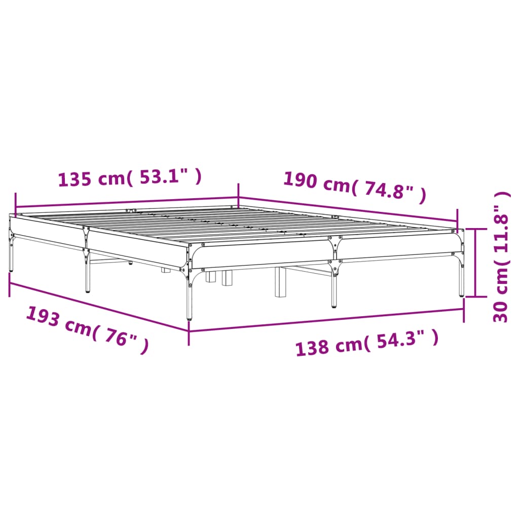 vidaXL Rám postele kouřový dub 135 x 190 cm kompozitní dřevo a kov