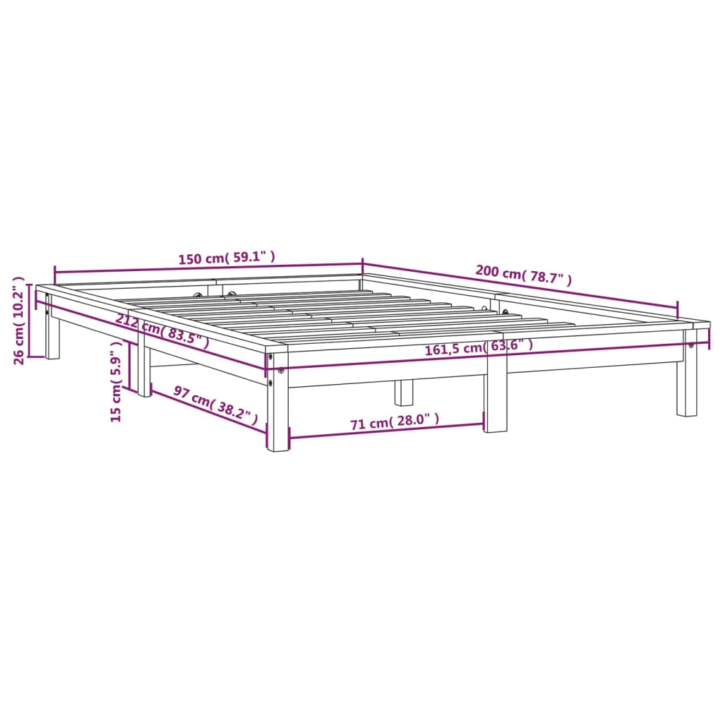 vidaXL Rám postele černý 150 x 200 cm King Size masivní borovice