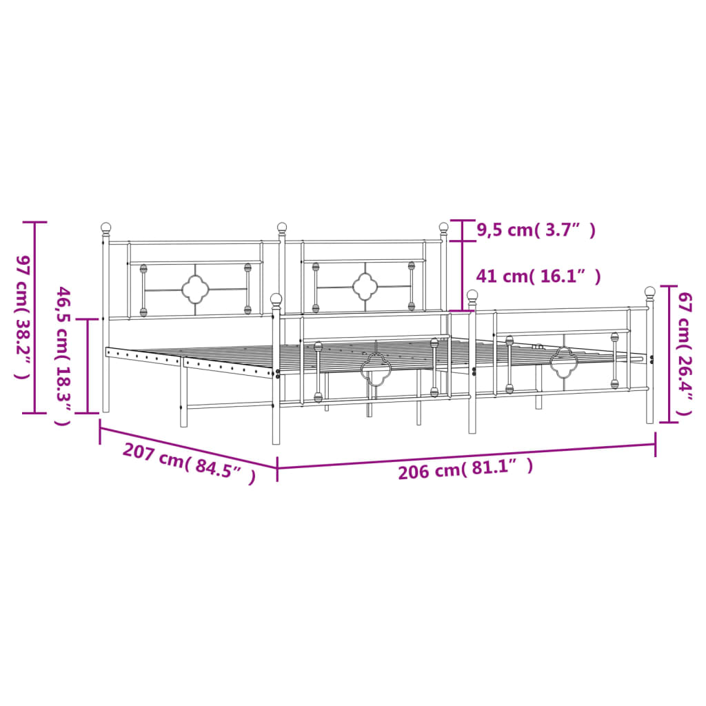 vidaXL Kovový rám postele s hlavovým a nožním čelem bílý 200 x 200 cm