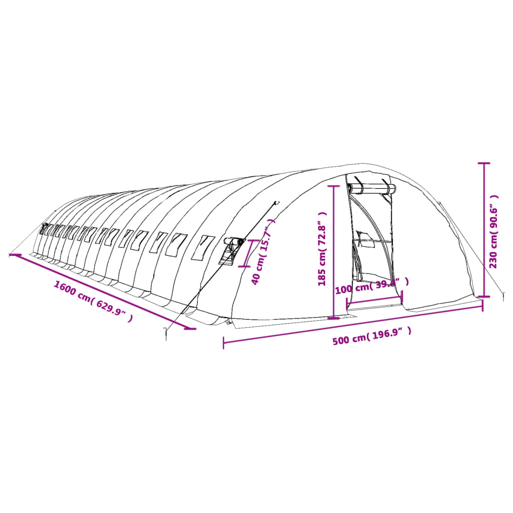 vidaXL Skleník s ocelovým rámem bílý 80 m² 16 x 5 x 2,3 m