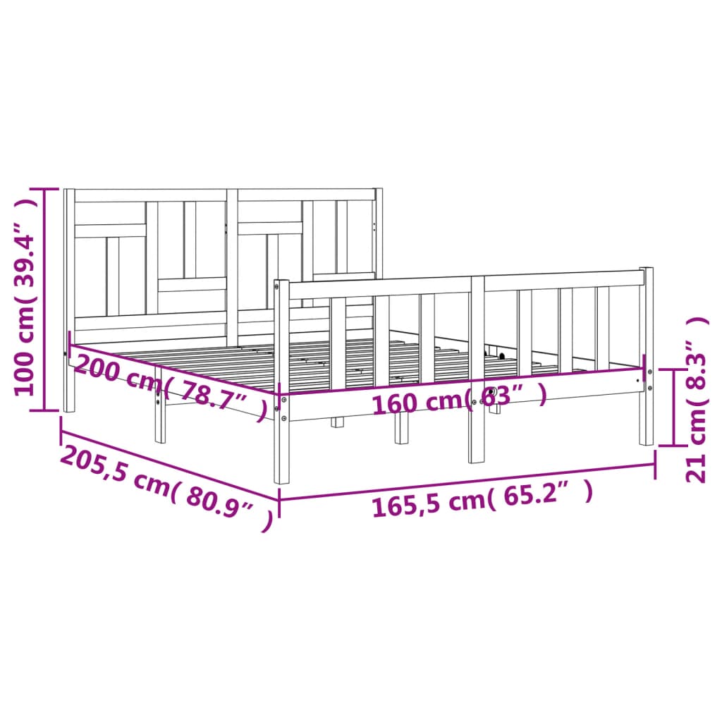 vidaXL Rám postele s čelem bílý 160 x 200 cm masivní dřevo