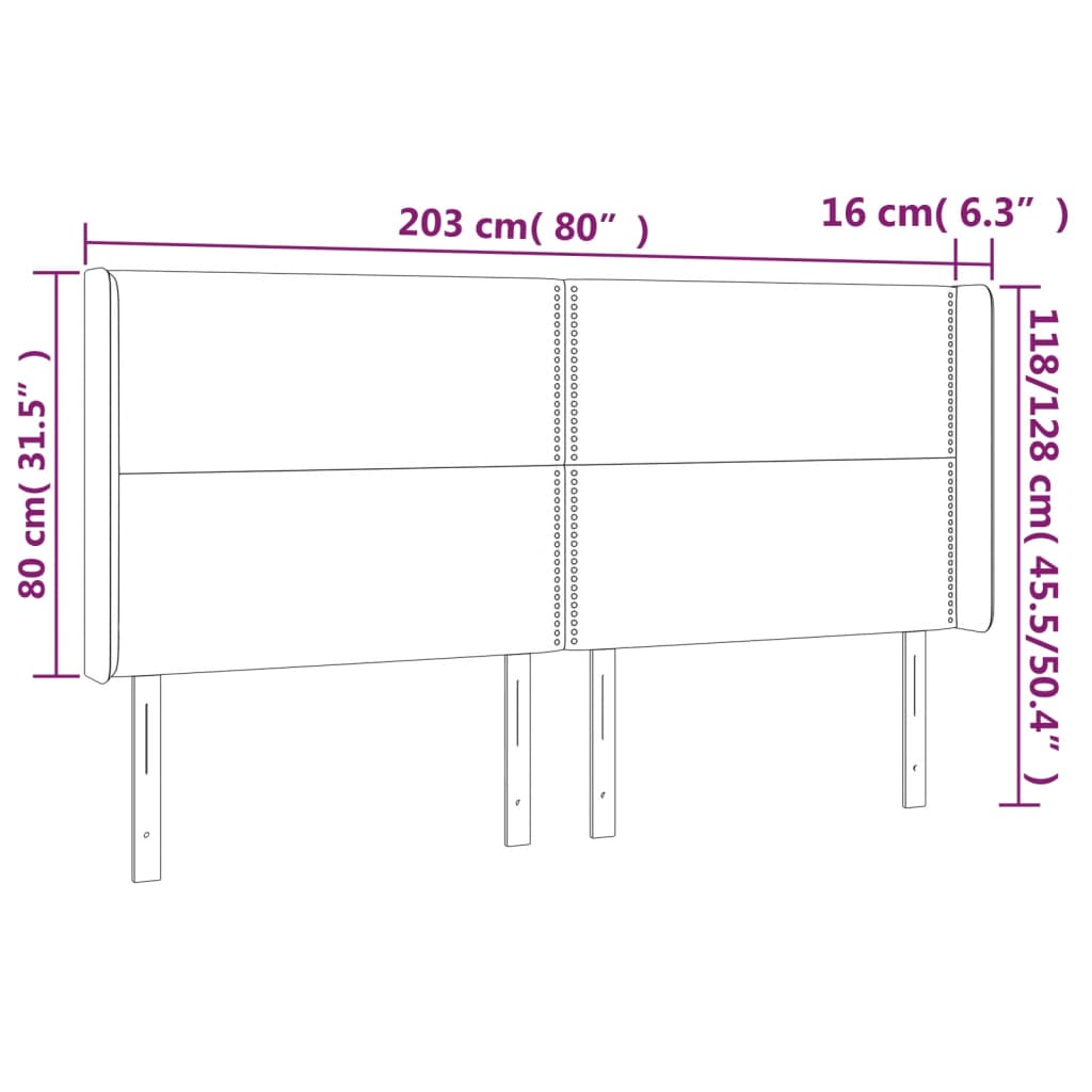 vidaXL Čelo postele s LED světle šedé 203 x 16 x 118/128 cm samet