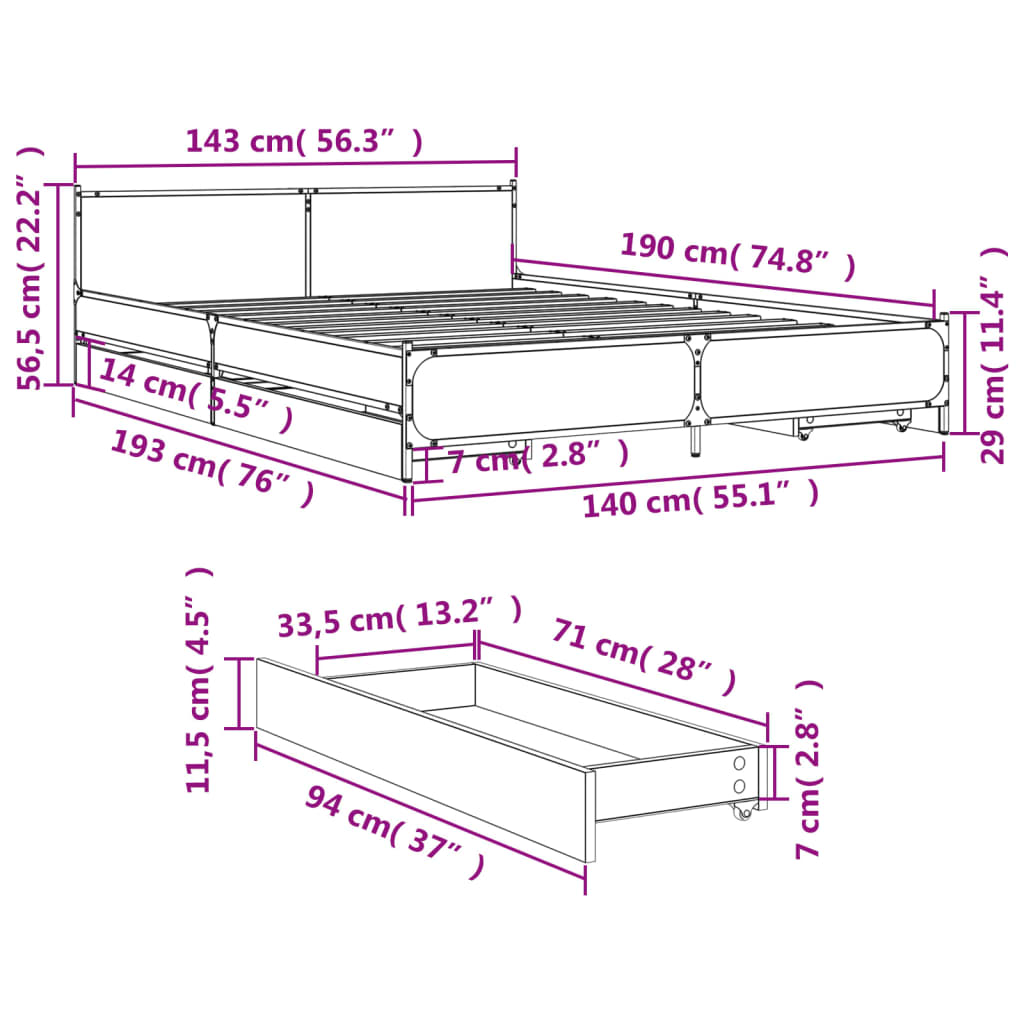 vidaXL Rám postele se zásuvkami černý 140 x 190 cm kompozitní dřevo