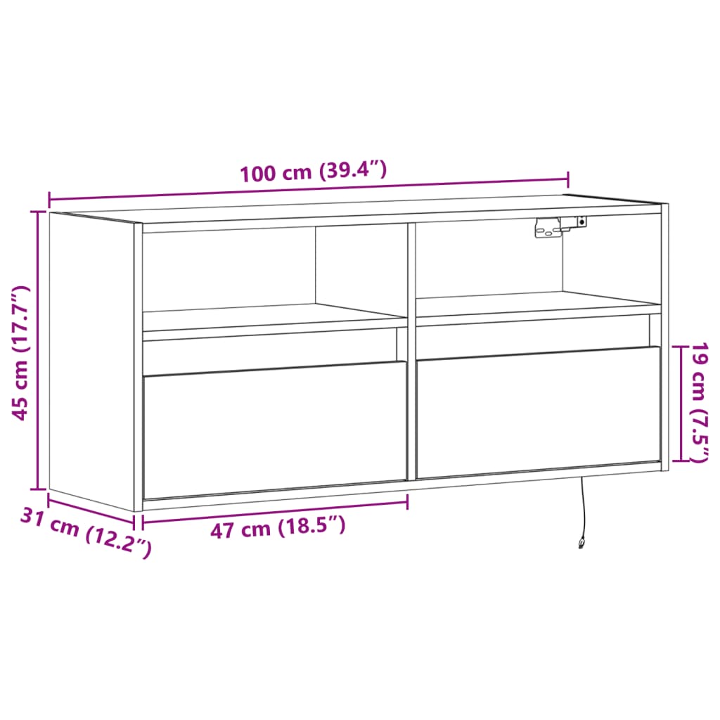 vidaXL Nástěnná TV skříňka s LED osvětlením černá 100 x 31 x 45 cm