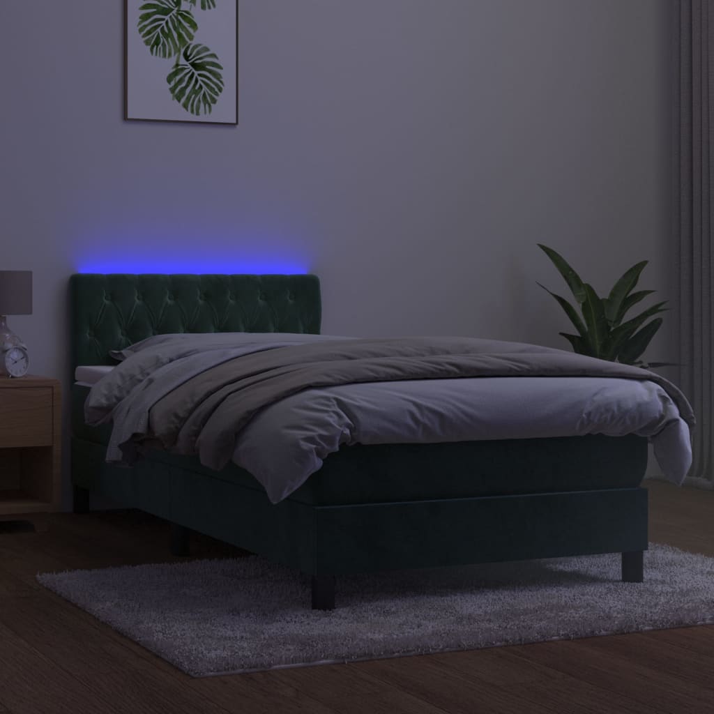 vidaXL Box spring postel s matrací a LED tmavě zelená 100x200 cm samet