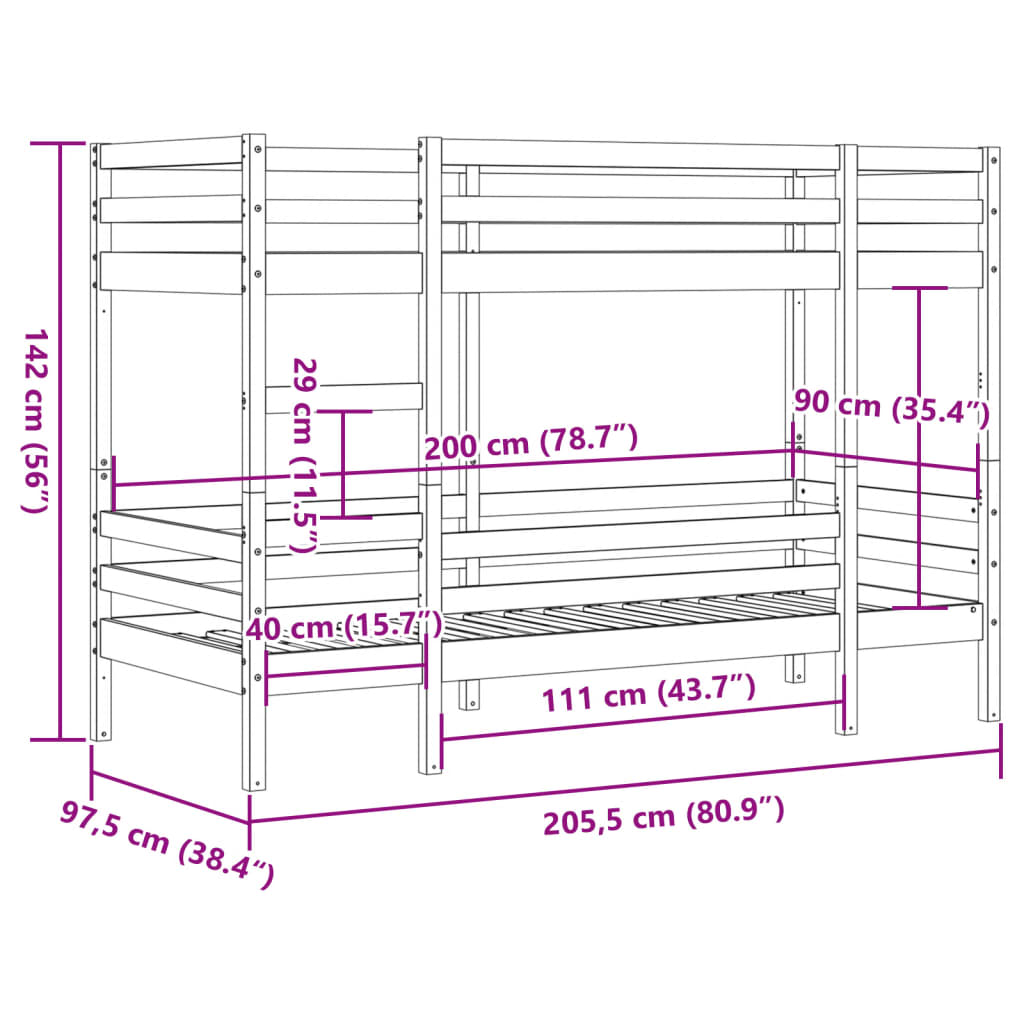 vidaXL Patrová postel bílá 90 x 200 cm masivní borové dřevo