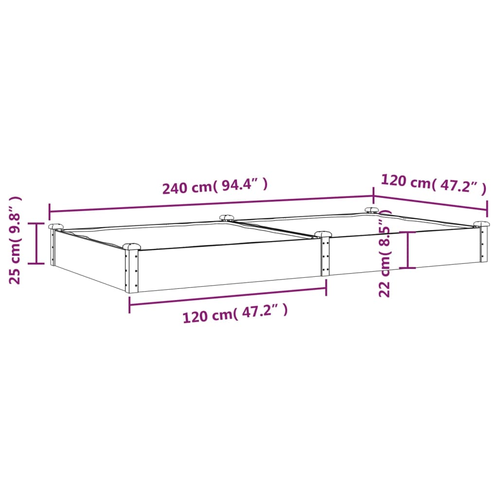 vidaXL Zahradní vyvýšený záhon s vložkou hnědý 240x120x25 cm jedle