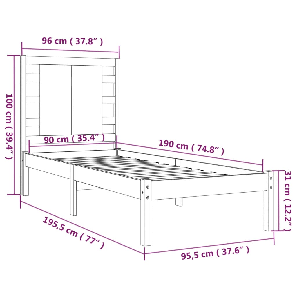 vidaXL Rám postele černý masivní dřevo 90 x 190 cm jednolůžko