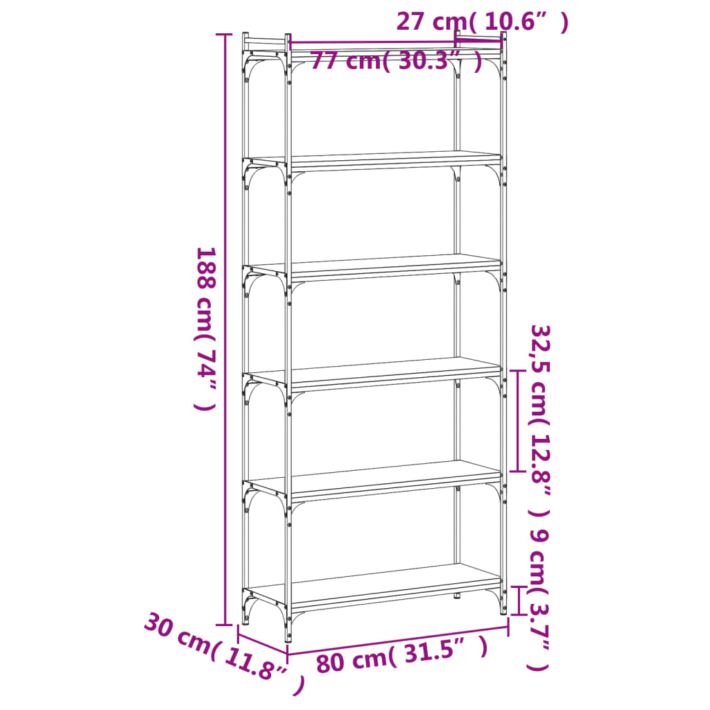 vidaXL Knihovna se 6 policemi černá 80 x 30 x 188 cm kompozitní dřevo