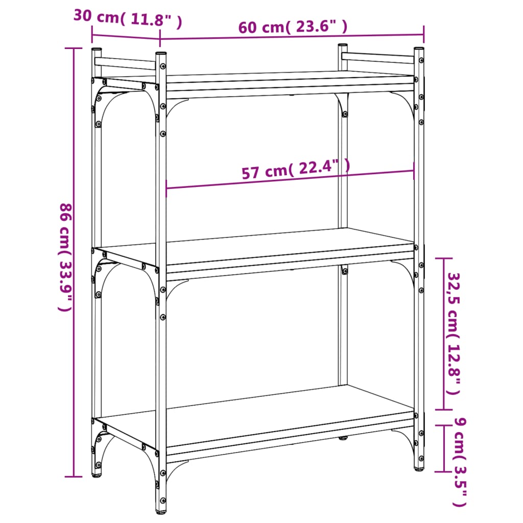 vidaXL Knihovna se 3 policemi dub sonoma 60x30x86 cm kompozitní dřevo