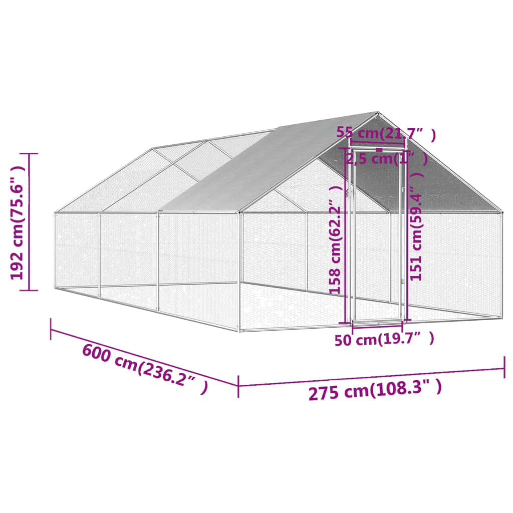 vidaXL Venkovní klec pro kuřata 2,75 x 8 x 1,92 m pozinkovaná ocel