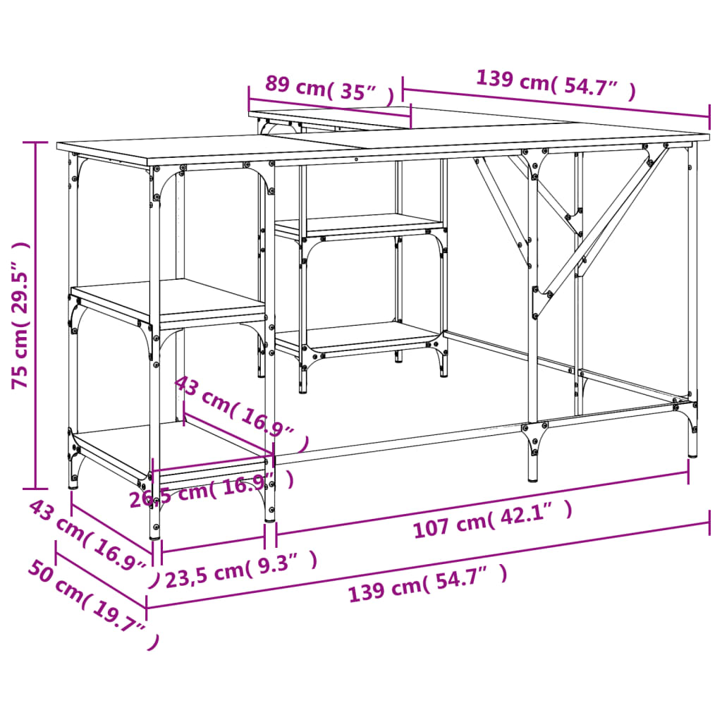 vidaXL Psací stůl kouřový dub 139 x 139 x 75 cm kompozitní dřevo