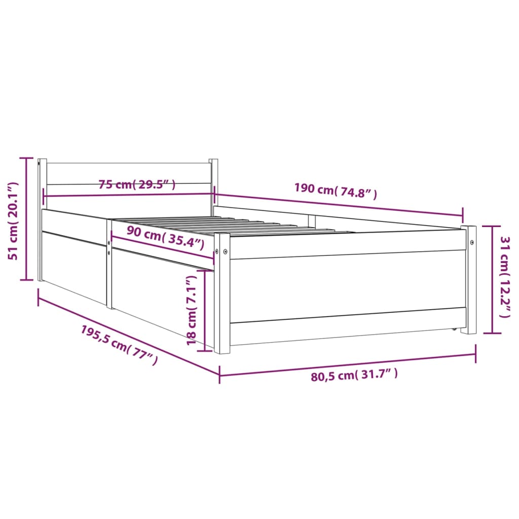 vidaXL Rám postele se zásuvkami bílý 75 x 190 cm Small Single