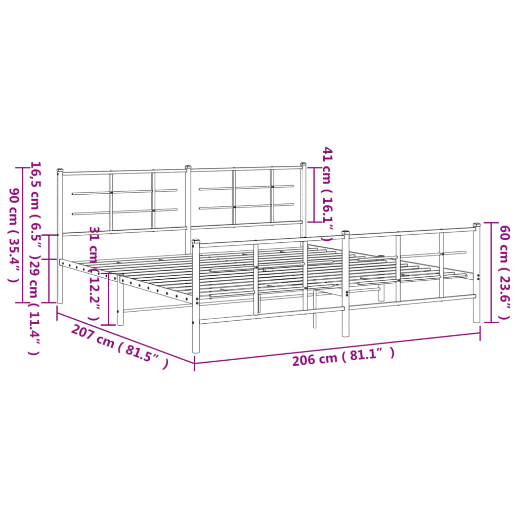 vidaXL Kovový rám postele s hlavovým a nožním čelem černý 200 x 200 cm