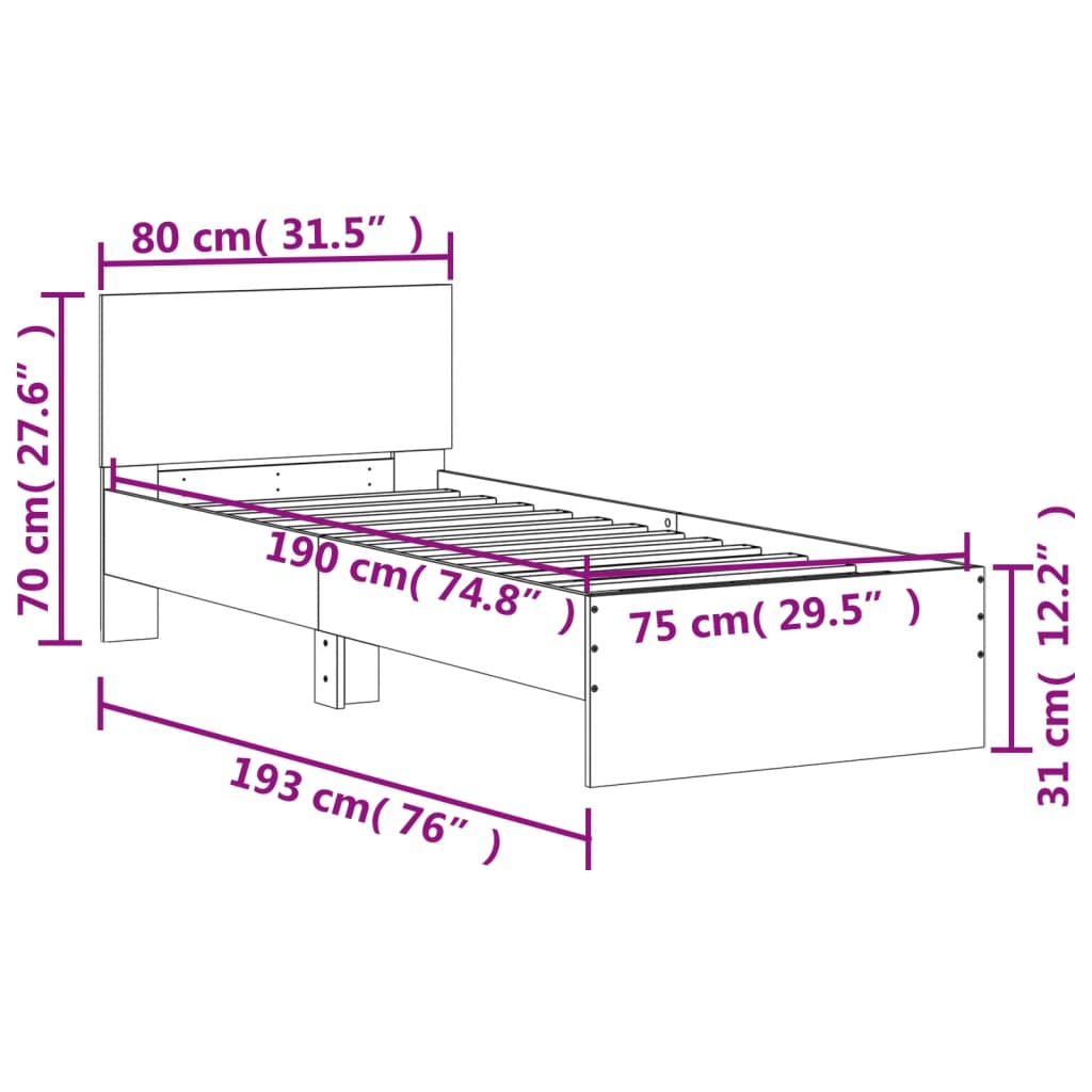 vidaXL Rám postele s čelem a LED osvětlením hnědý dub 75 x 190 cm